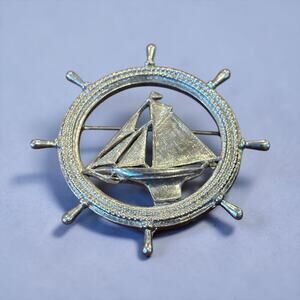 Nautical Sailboat Wheel Brooch 1960s Silver Tone Maritime Pin Signed